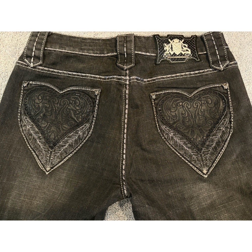 Rebel Spirit Jeans Womens 29x33 Black Straight Leg Heart Pocket Stretch Denim